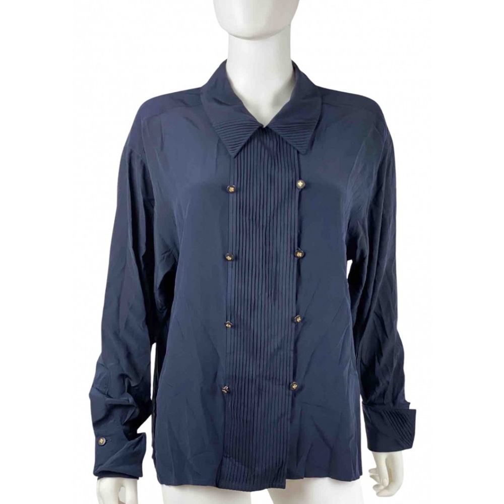 Chanel Navy Silk Blouse with Double Gold and Black Fastening